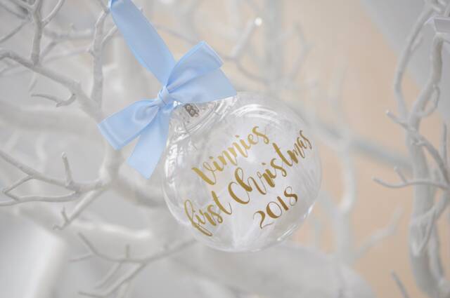 Personalised Baby's First Christmas Bauble, Gold Font, Baby Blue Ribbon - image 1