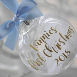 Personalised Baby's First Christmas Bauble, Gold Font, Baby Blue Ribbon - thumbnail 3