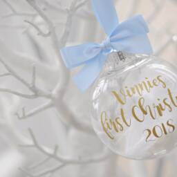 Personalised Baby's First Christmas Bauble, Gold Font, Baby Blue Ribbon - thumbnail 2