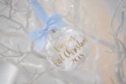 Personalised Baby's First Christmas Bauble, Gold Font, Baby Blue Ribbon - thumbnail 1