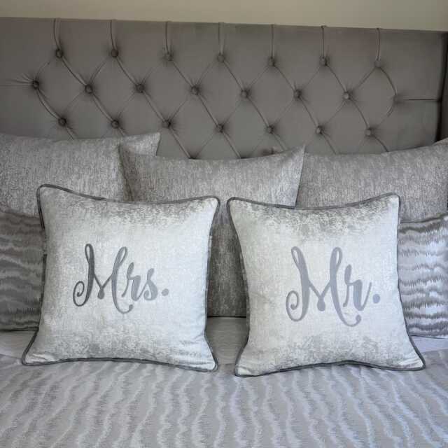 Wedding Cushion Mr Or Mrs Embroidered Pillow White Luxury Fabric With Silver Piping Unique Rare Handmade Gift - Worldwide Shipping - image 1