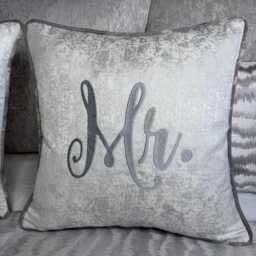 Wedding Cushion Mr Or Mrs Embroidered Pillow White Luxury Fabric With Silver Piping Unique Rare Handmade Gift - Worldwide Shipping - thumbnail 2