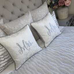 Wedding Cushion Mr Or Mrs Embroidered Pillow White Luxury Fabric With Silver Piping Unique Rare Handmade Gift - Worldwide Shipping - thumbnail 4
