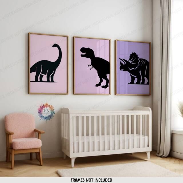 Purple Dinosaur Prints - Set Of 3 Posters - Kid Bedroom Poster Nursery Dino Decor Children Wall Art Pink Kids Playroom Artwork A4/A3 - image 1
