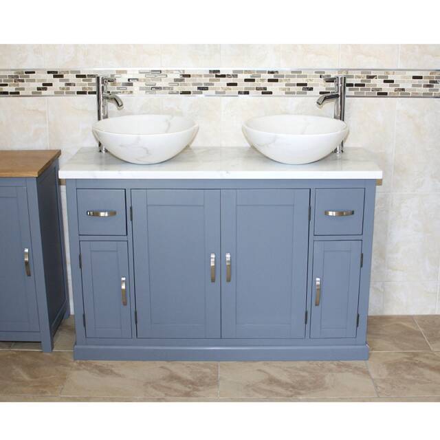 Grey Painted Bathroom Vanity Unit Cabinet Twin Marble Bowl Basin Tap Plug 402Gwmsbcx2 - image 1