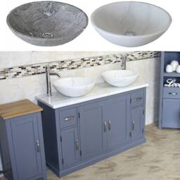 Grey Painted Bathroom Vanity Unit Cabinet Twin Marble Bowl Basin Tap Plug 402Gwmsbcx2 - thumbnail 2