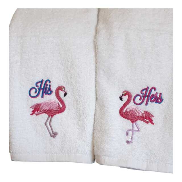 Embroidered His & Hers Flamingo Hand Towels - image 1