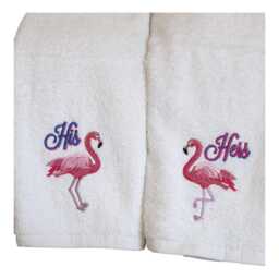 Embroidered His & Hers Flamingo Hand Towels - thumbnail 1