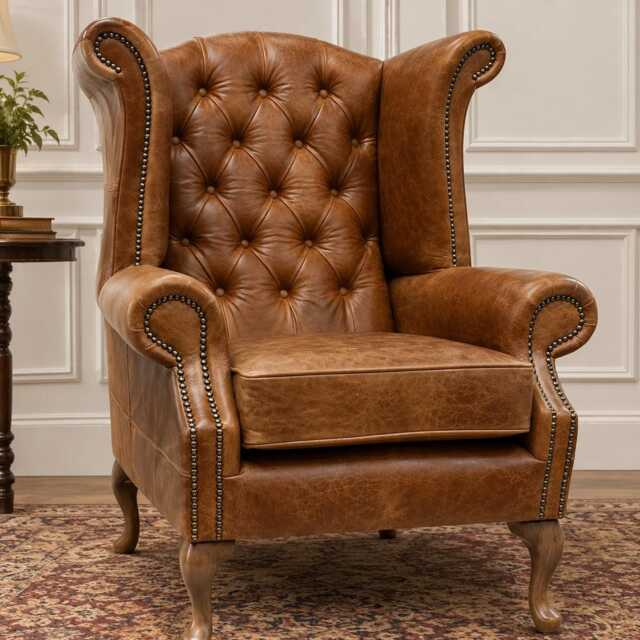 Queen Anne Wingback Armchair - Presented in Genuine Tan Vintage Leather - image 1