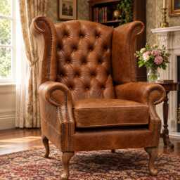 Queen Anne Wingback Armchair - Presented in Genuine Tan Vintage Leather