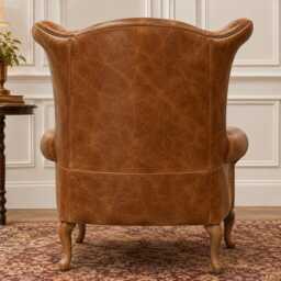 Queen Anne Wingback Armchair - Presented in Genuine Tan Vintage Leather - thumbnail 4