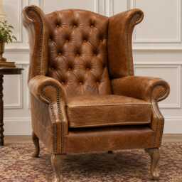 Queen Anne Wingback Armchair - Presented in Genuine Tan Vintage Leather - thumbnail 1