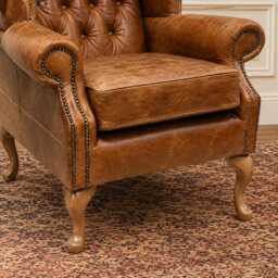 Queen Anne Wingback Armchair - Presented in Genuine Tan Vintage Leather - thumbnail 3
