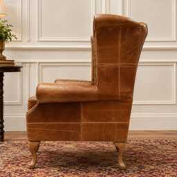 Queen Anne Wingback Armchair - Presented in Genuine Tan Vintage Leather - thumbnail 2