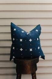 Navy Blue Linen Pillow Cover, Boho Chic Cross Print - thumbnail 1