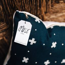 Navy Blue Linen Pillow Cover, Boho Chic Cross Print - thumbnail 3