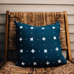Navy Blue Linen Pillow Cover, Boho Chic Cross Print - thumbnail 2