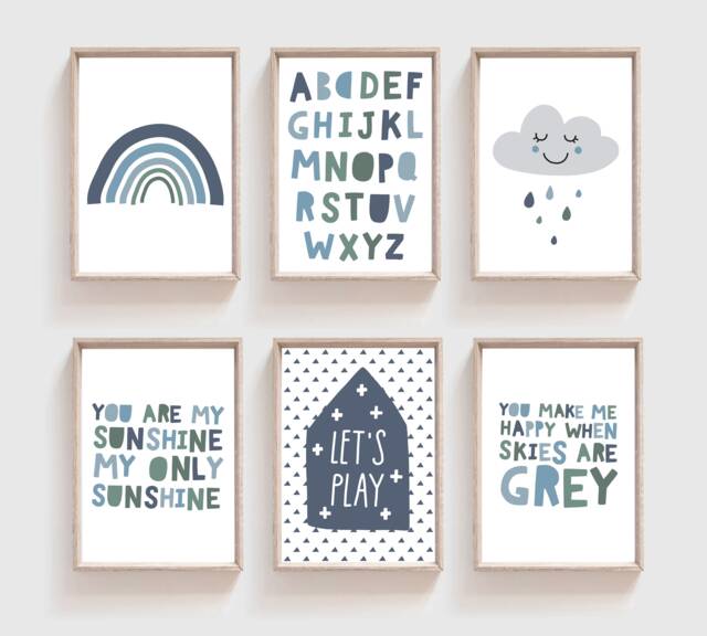 6 Boys Nursery Prints, Bedroom Decor, Wall Art, Muted Green & Blue, Playroom Art - image 1