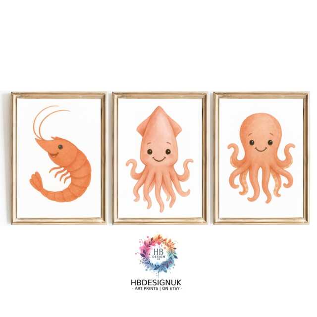 Nursery Ocean Animal Prints - 30 Design Choices, Shrimp, Squid, Octopus, Baby Bedroom Decor, Boys Girls, Sealife Print, Kids Sea Wall Art - image 1