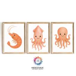Nursery Ocean Animal Prints - 30 Design Choices, Shrimp, Squid, Octopus, Baby Bedroom Decor, Boys Girls, Sealife Print, Kids Sea Wall Art - thumbnail 1