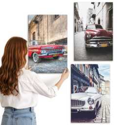 3 Piece Canvas Set - Classic Cars On City Streets in Different Colors, Gray Wall Art Large, Travels Decor - thumbnail 3
