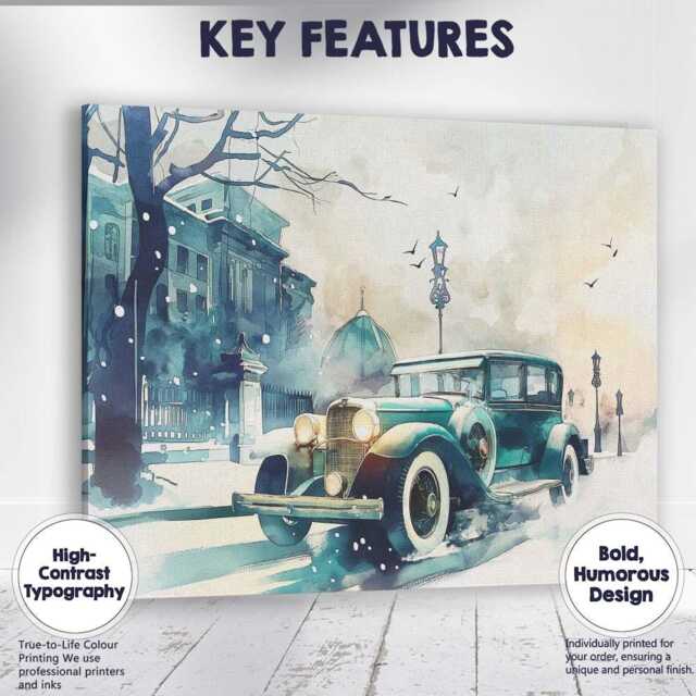 Winter Vintage Classic Car Snowy City Street Watercolour Canvas Wall Art Print Decor Picture Ready To Hang - image 1