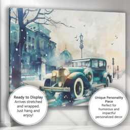 Winter Vintage Classic Car Snowy City Street Watercolour Canvas Wall Art Print Decor Picture Ready To Hang - thumbnail 3