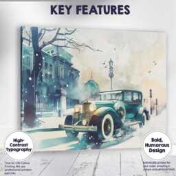 Winter Vintage Classic Car Snowy City Street Watercolour Canvas Wall Art Print Decor Picture Ready To Hang - thumbnail 1