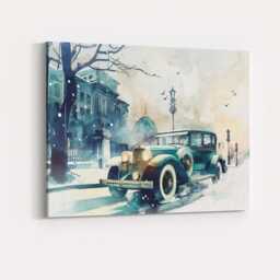 Winter Vintage Classic Car Snowy City Street Watercolour Canvas Wall Art Print Decor Picture Ready To Hang - thumbnail 4