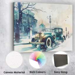 Winter Vintage Classic Car Snowy City Street Watercolour Canvas Wall Art Print Decor Picture Ready To Hang - thumbnail 2