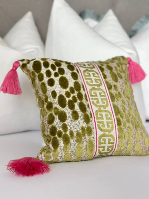 Green Velvet Pebble Pillow With Pink Tassels Detail, - Pink Velvet Cover, Designer Cover Greek Key Detail - image 1