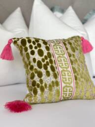 Green Velvet Pebble Pillow With Pink Tassels Detail, - Pink Velvet Cover, Designer Cover Greek Key Detail - thumbnail 1