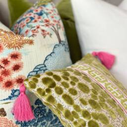 Green Velvet Pebble Pillow With Pink Tassels Detail, - Pink Velvet Cover, Designer Cover Greek Key Detail - thumbnail 2