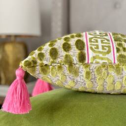 Green Velvet Pebble Pillow With Pink Tassels Detail, - Pink Velvet Cover, Designer Cover Greek Key Detail - thumbnail 3