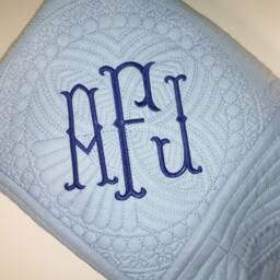 Monogrammed Baby Quilt, Fishtail Lettering, Embroidered Cotton Blanket - thumbnail 2