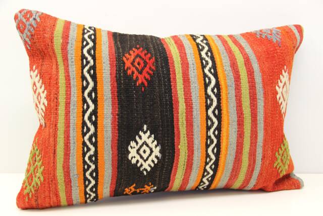 Turkish Kilim Lumbar Pillow Cover, Vintage Wool & Cotton - 16x24 Inch - image 1