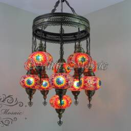 Turkish Mosaic Sultan Chandelier - 11 Large Globe Ottoman Ceiling Lamp - S11L - thumbnail 2