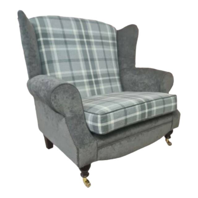Wingback Chair Balmoral Dove Grey Tartan, Plush Frame - image 1