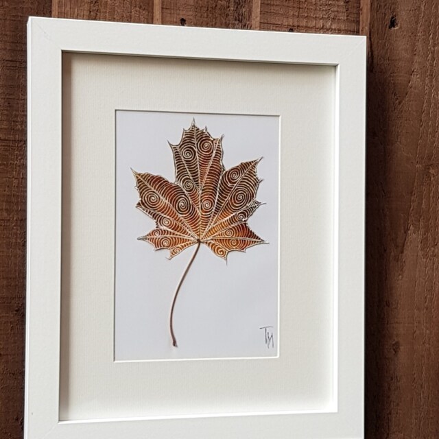 Framed Handmade Pigment Ink Drawing Autumn Leaf Home Decor Wall Art - image 1