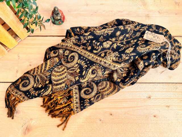 Blanket Scarf Paisley Charcoal Black & Gold Throw Hand Woven Bohemian Cover - image 1