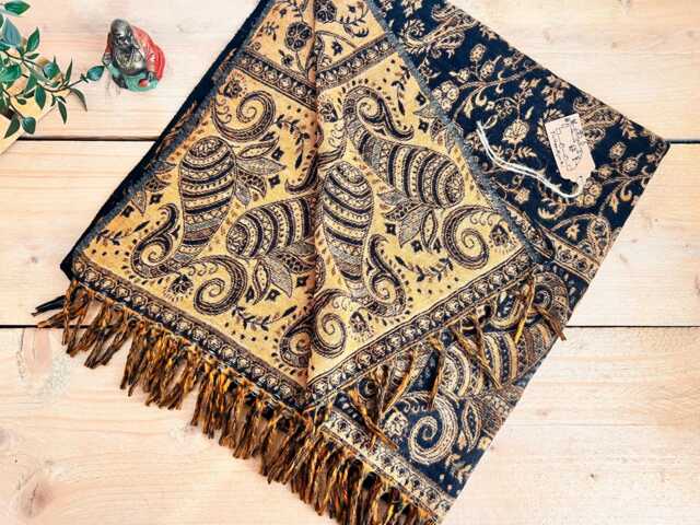 Hand Woven Paisley Scarf Blanket Bohemian Charcoal Black & Golden Ochre Throw - image 1