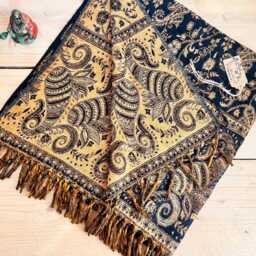 Blanket Scarf Paisley Charcoal Black & Gold Throw Hand Woven Bohemian Cover - thumbnail 2
