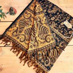 Hand Woven Paisley Scarf Blanket Bohemian Charcoal Black & Golden Ochre Throw - thumbnail 4