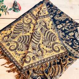 Hand Woven Paisley Scarf Blanket Bohemian Charcoal Black & Golden Ochre Throw - thumbnail 3