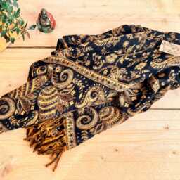 Hand Woven Paisley Scarf Blanket Bohemian Charcoal Black & Golden Ochre Throw - thumbnail 2