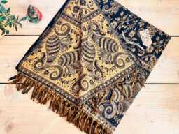 Hand Woven Paisley Scarf Blanket Bohemian Charcoal Black & Golden Ochre Throw - thumbnail 1