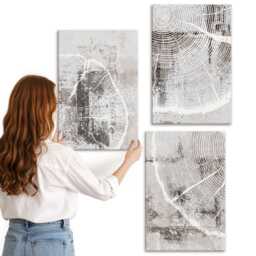 Canvas Wall Art Set Of 3 - Wood Grain Patterns in Shades Gray & White, Large Art, Natural Textures Hanging Piece - thumbnail 2