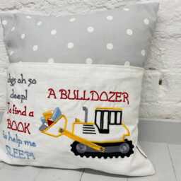 Book Cushion-Children's Reading Pillow~Personalised Cushion With Pocket-Cute Bulldozer Reading Pillow~Book Lovers Gift~Travel Pillow - thumbnail 2