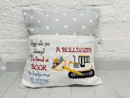 Book Cushion-Children's Reading Pillow~Personalised Cushion With Pocket-Cute Bulldozer Reading Pillow~Book Lovers Gift~Travel Pillow
