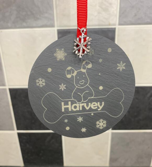 Personalised Snow Dog With Bone Christmas Tree Bauble Decorations Natural Slate Pet - image 1